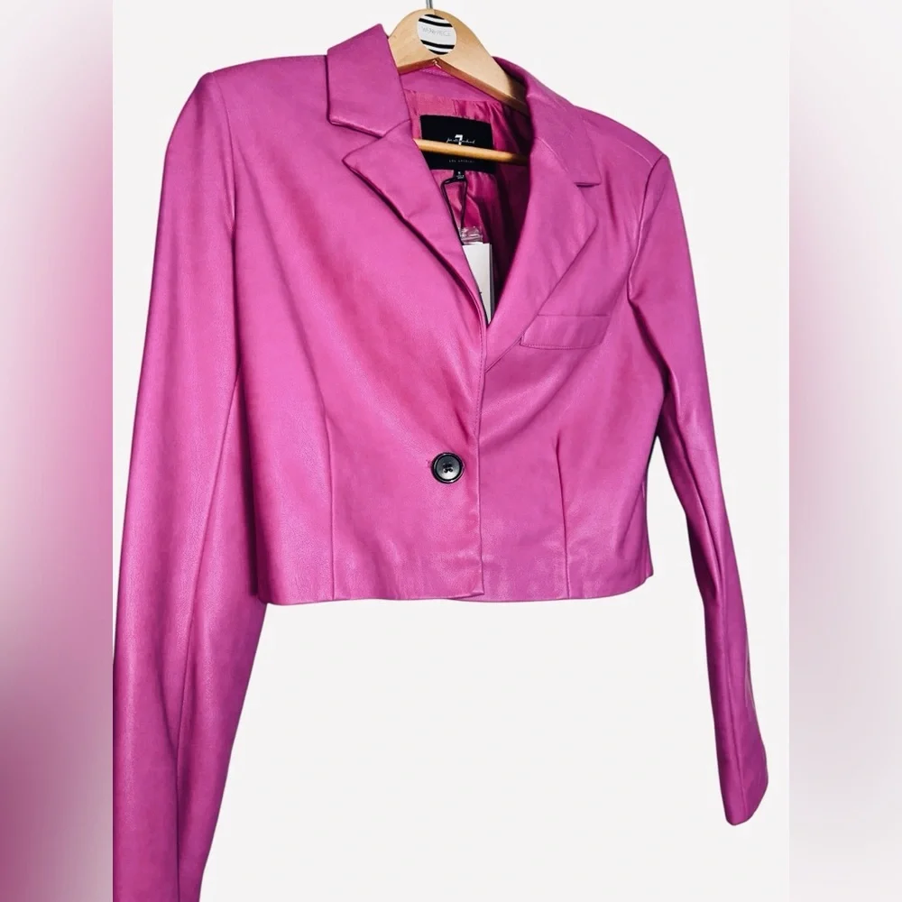 7 for All Mankind Pink Vegan Leather Cropped Moto Jacket